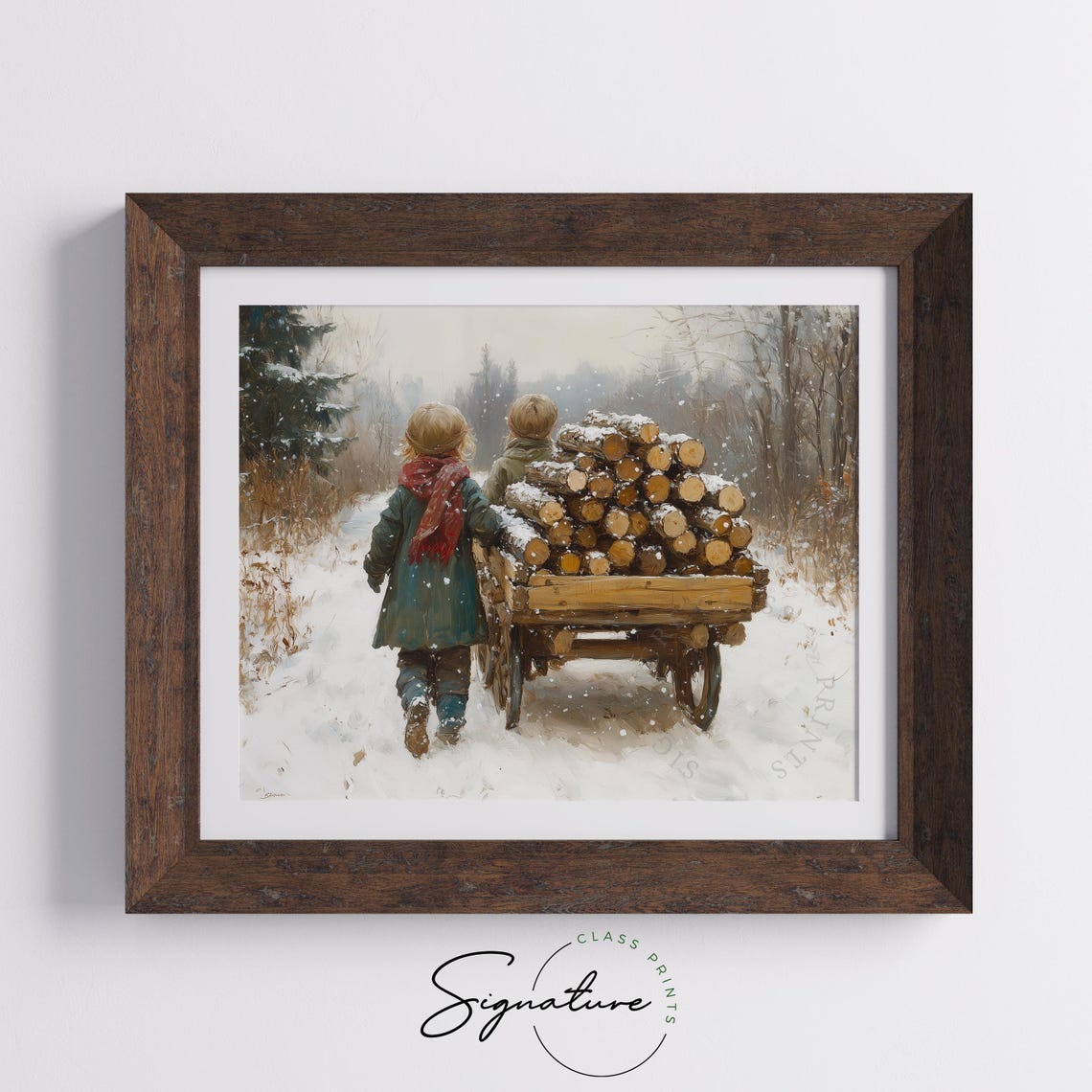Two Children Pulling Firewood Wagon Through Falling Snow Poster - Image 5