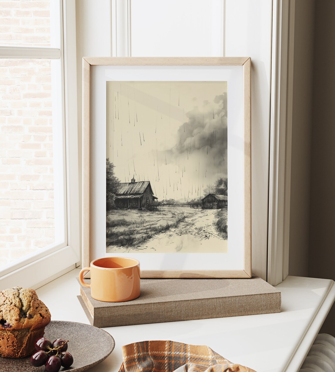Rainy Farmstead Rustic Barn Sketch Stormy Countryside Landscape Poster - Image 6
