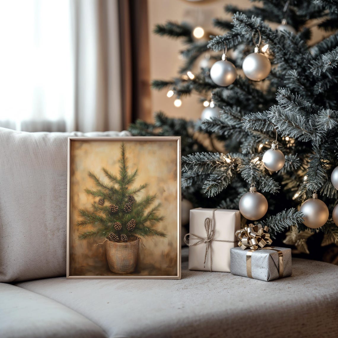 Potted Cedar Tree in Burlap Pot with Pinecones Vintage Style Poster - Image 5