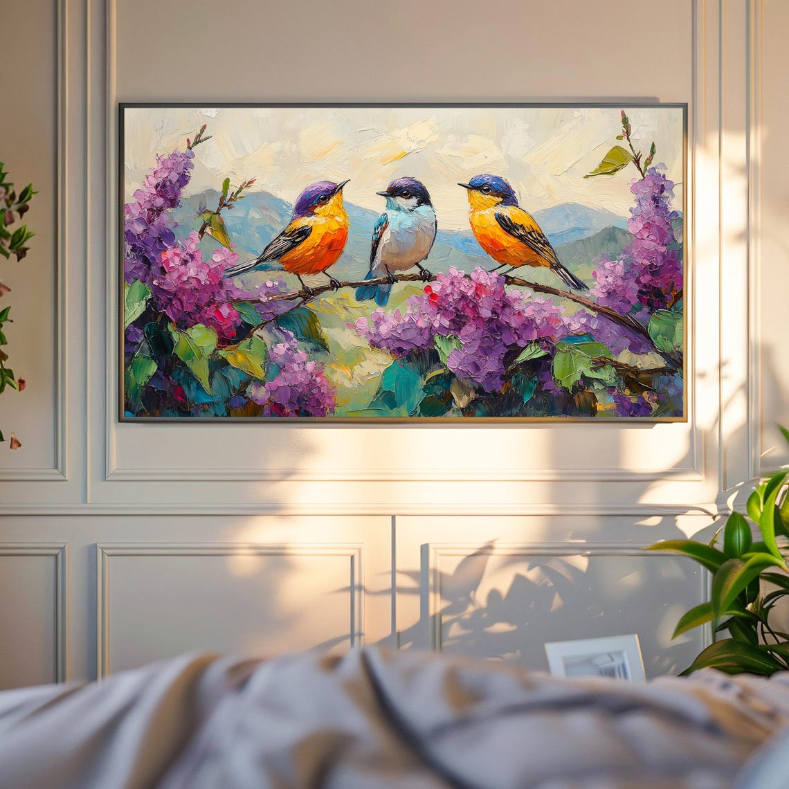 Three Colorful Songbirds On Lilac Branch Impasto Spring Poster - Image 4