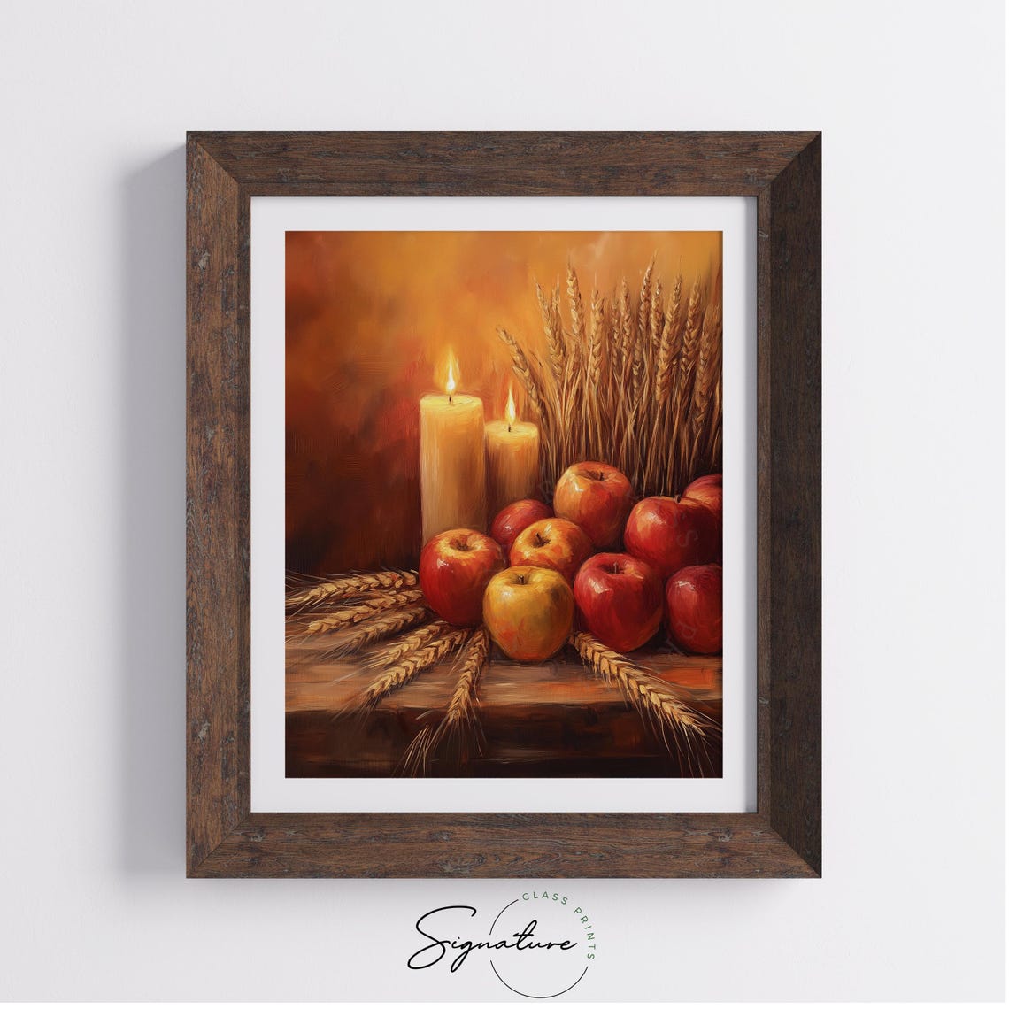 Harvest Still Life with Glossy Red Apples Wheat and Lit Candles Poster - Image 4