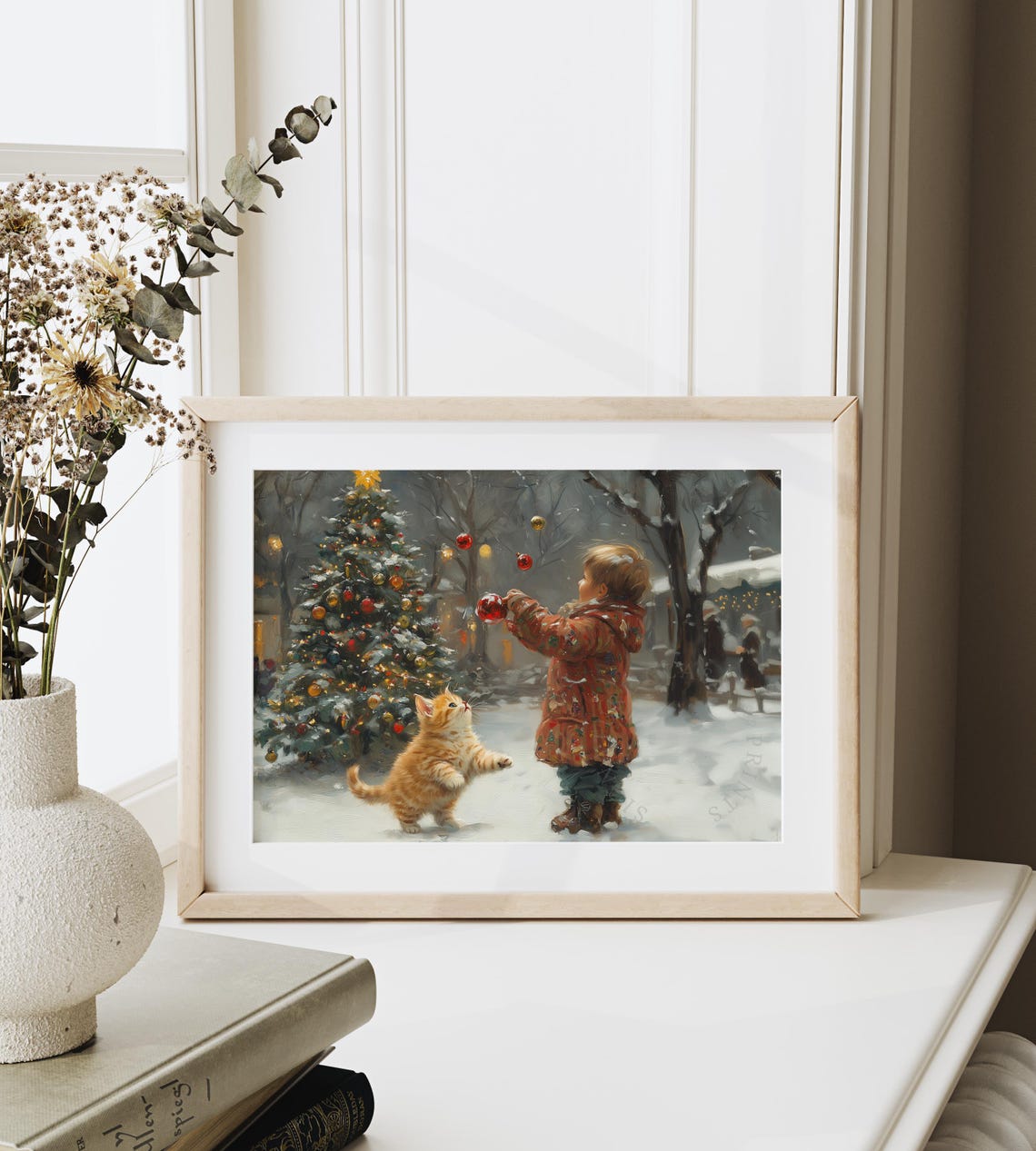Child and Kitten Playing With Christmas Ornaments Snowy Night Poster - Image 6