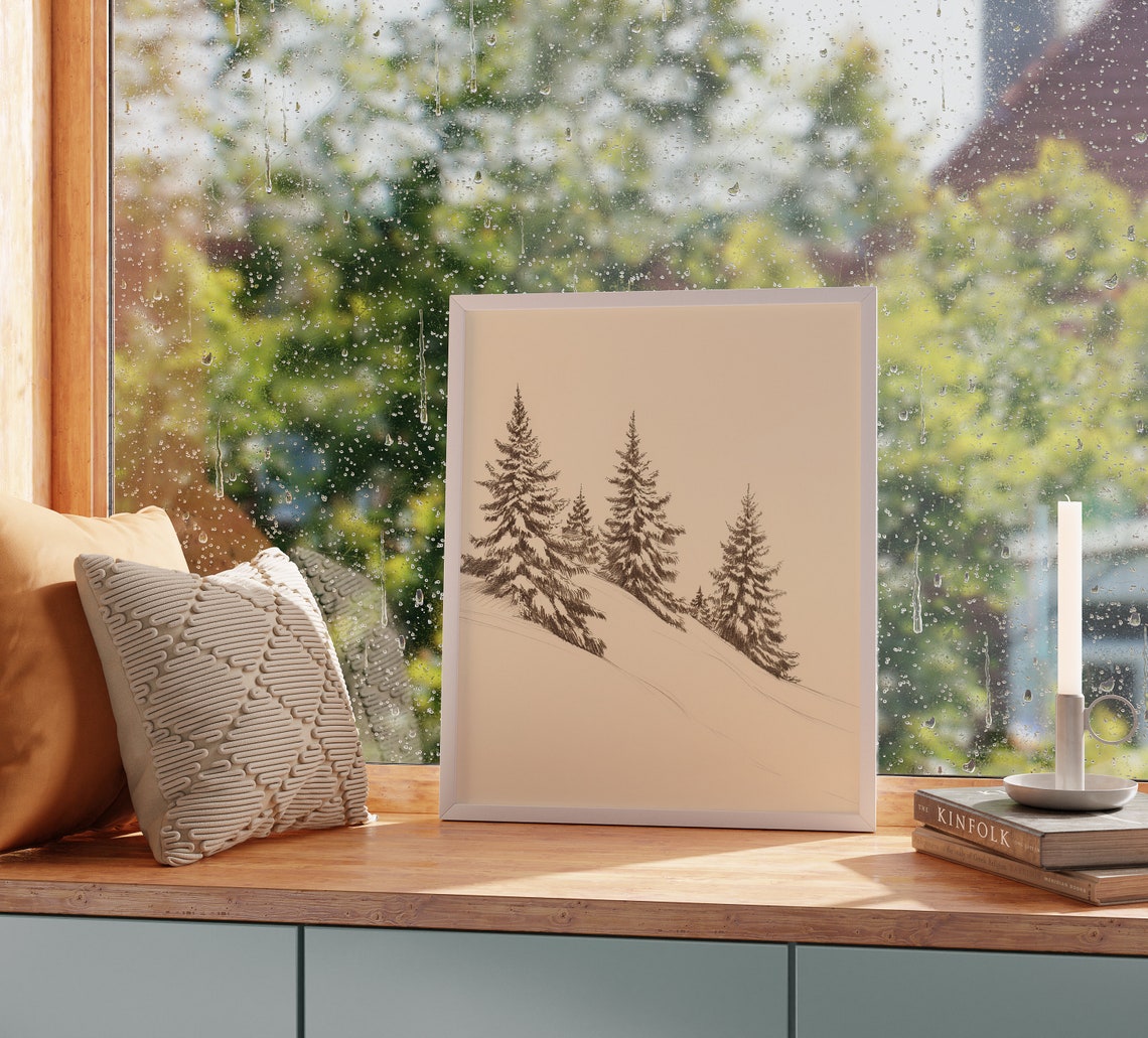 Snowy Pines On Mountain Slope Winter Forest Ink Sketch Poster - Image 2