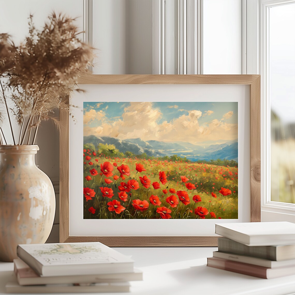 Red Poppy Field Oil Painting with Mountains and Cloudy Sky Poster - Image 2