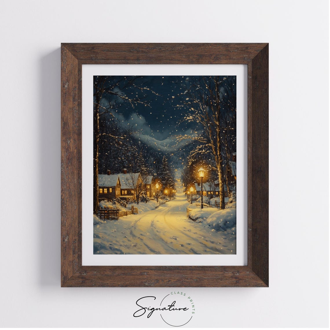 Snowy Village Street at Night with Falling Snow and Lampposts Poster - Image 3
