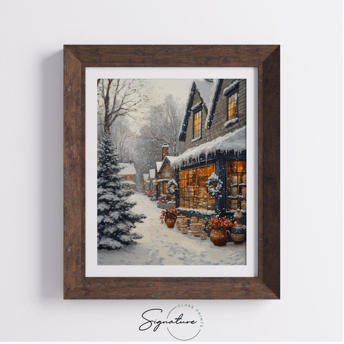Snowy Pottery Shop with Glowing Window Winter Storefront Poster - Image 3