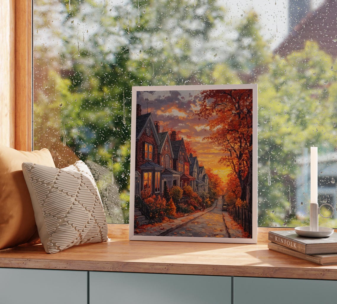 Brick Rowhouses Glowing at Dusk on a Cozy Autumn Street Poster - Image 2