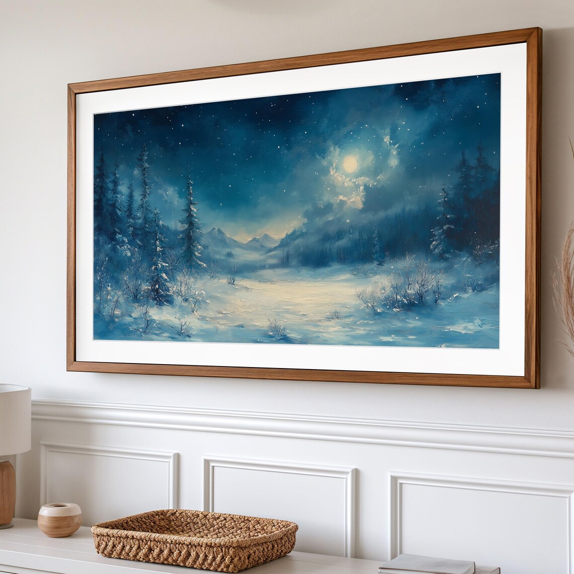 Moonlit Winter Valley With Snowy Pines And Distant Peaks Night Art Poster - Image 2
