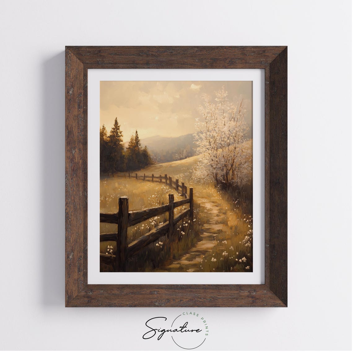 Rustic Fence On Gentle Hillside White Blossom Tree Golden Light Poster - Image 3