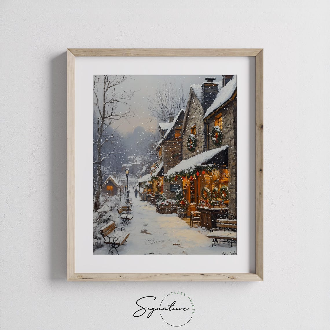 Snowy Stone Village Christmas Shops with Glowing Wreaths Poster - Image 2