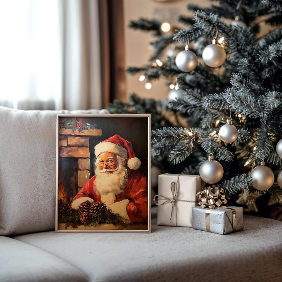Santa Claus Resting by a Brick Fireplace With Pinecone Garland Poster - Image 5