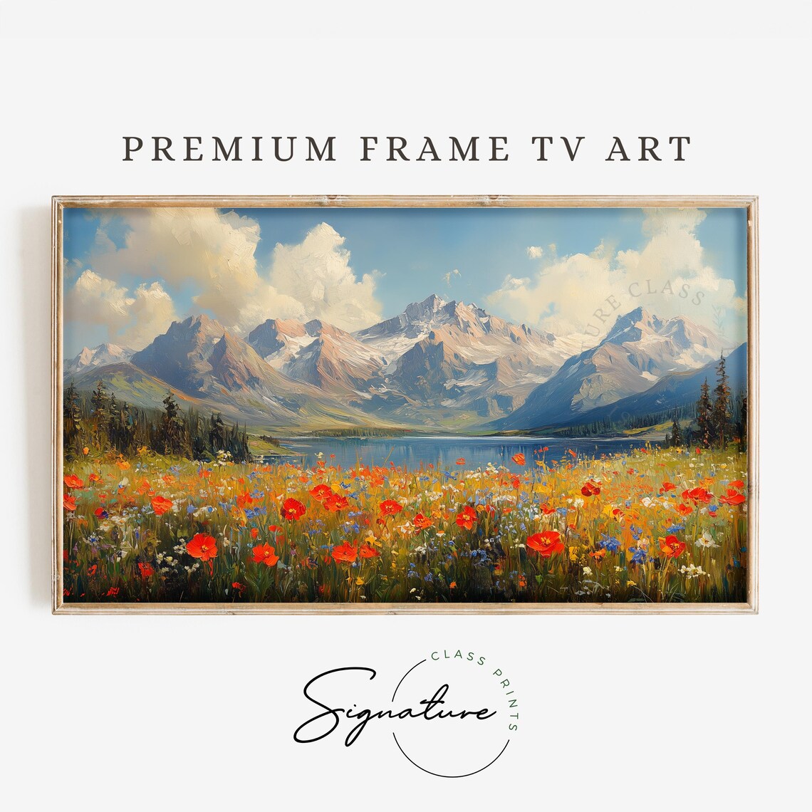 Alpine Lake Red Poppy Meadow Snow Peaks Colorful Landscape Wall Art
