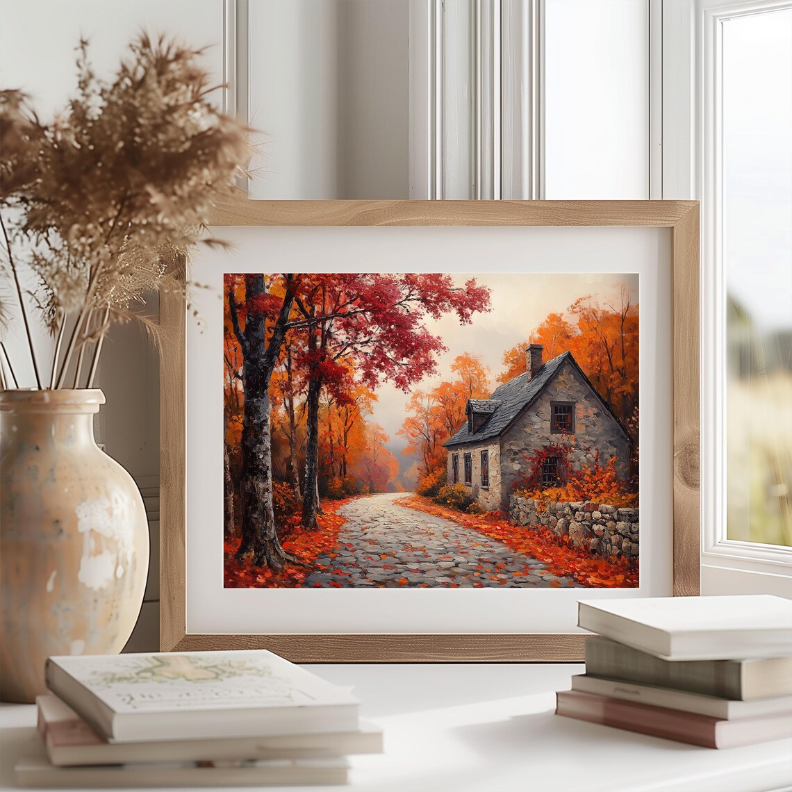 Stone Cottage Autumn Lane Falling Leaves Rustic Fall Landscape Wall Art - Image 2