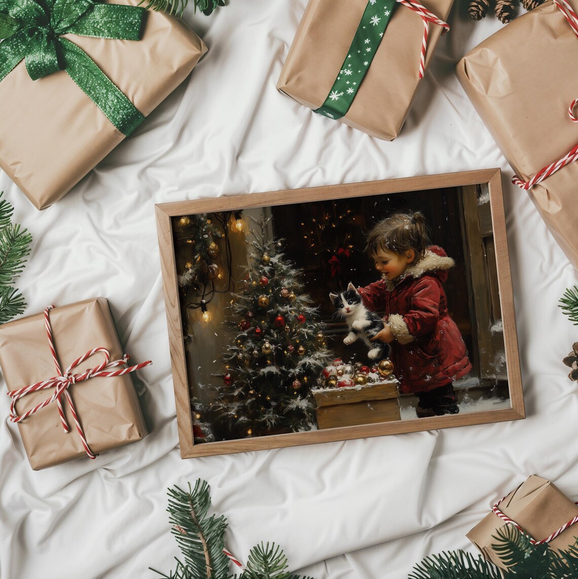 Little Girl Holding A Kitten Beside A Snowy Christmas Tree Poster - Image 2