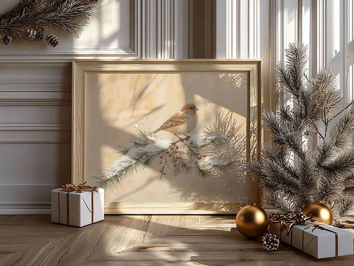 Linnet Songbird On Snow Dusted Pine With Red Berries Winter Print - Image 6
