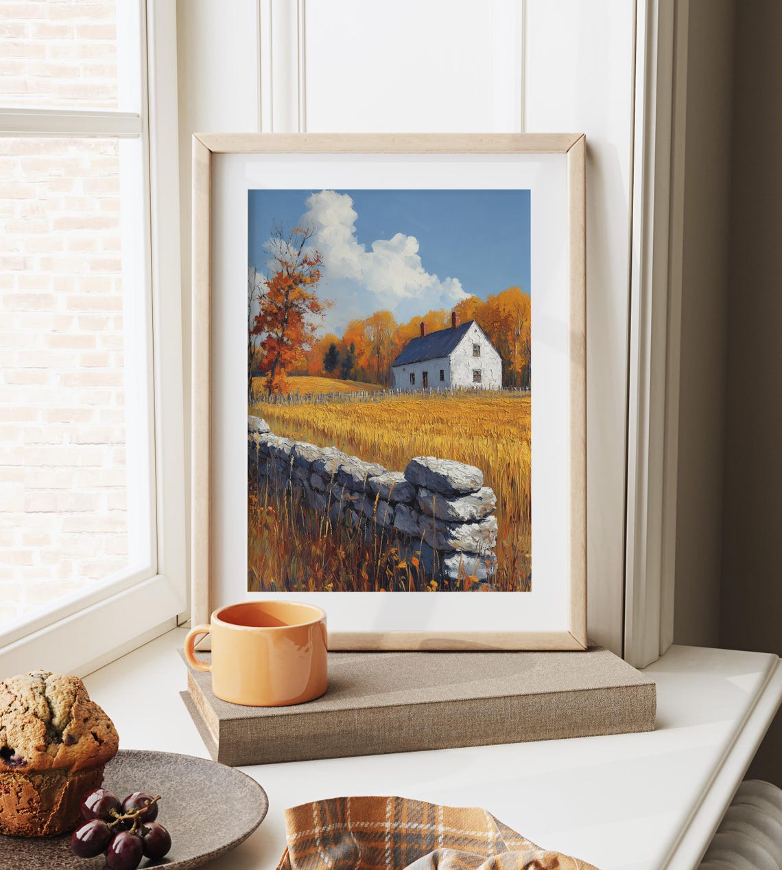 White Farmhouse and Stone Wall Over Golden Wheat Field Poster - Image 6