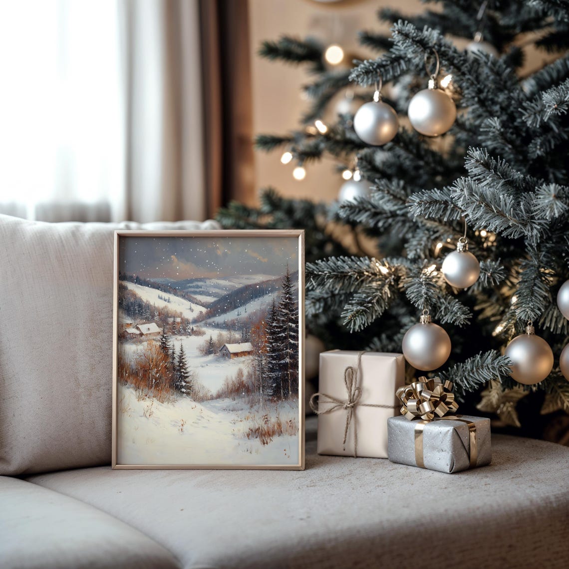 Snowy Mountain Valley with Cabins in Soft Falling Snow Poster - Image 5