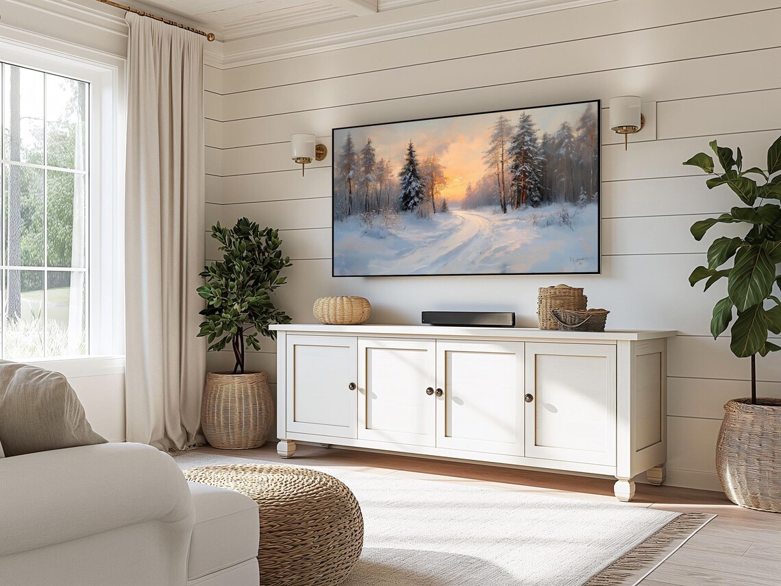 Snowy Pine Forest Road At Golden Winter Sunset Moody Landscape Art Poster - Image 3