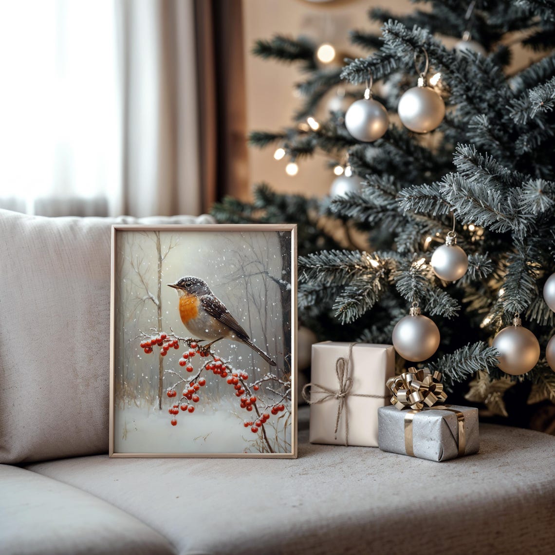 Robin On Frosty Berry Branch In Falling Snow Winter Art Poster - Image 5