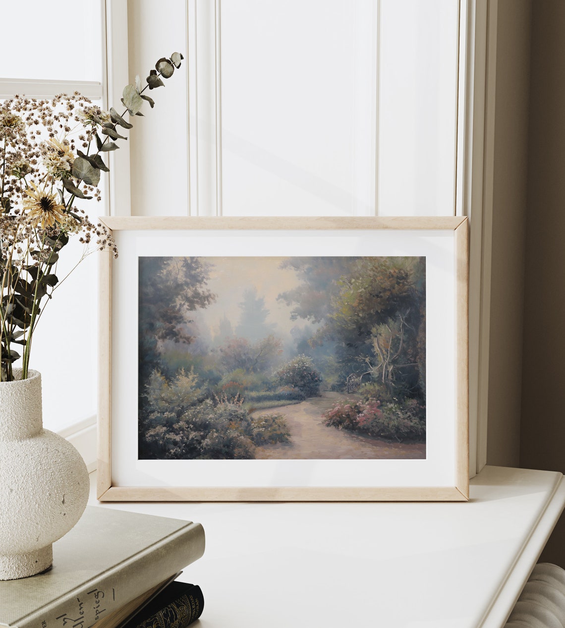 Misty Garden Path with Flowering Bushes Dreamy Impressionist Poster - Image 6