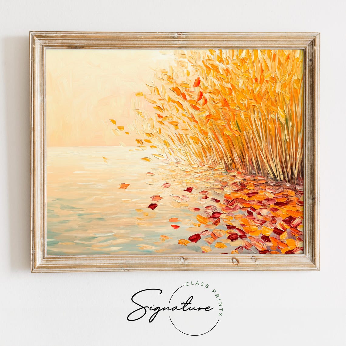 Minimalist Golden Reeds And Falling Leaves Soft Autumn Lakeside Poster