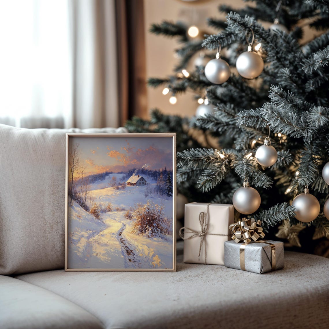 Cozy Winter Cabin at Sunset on Glowing Snow under Pink Sky Poster - Image 5