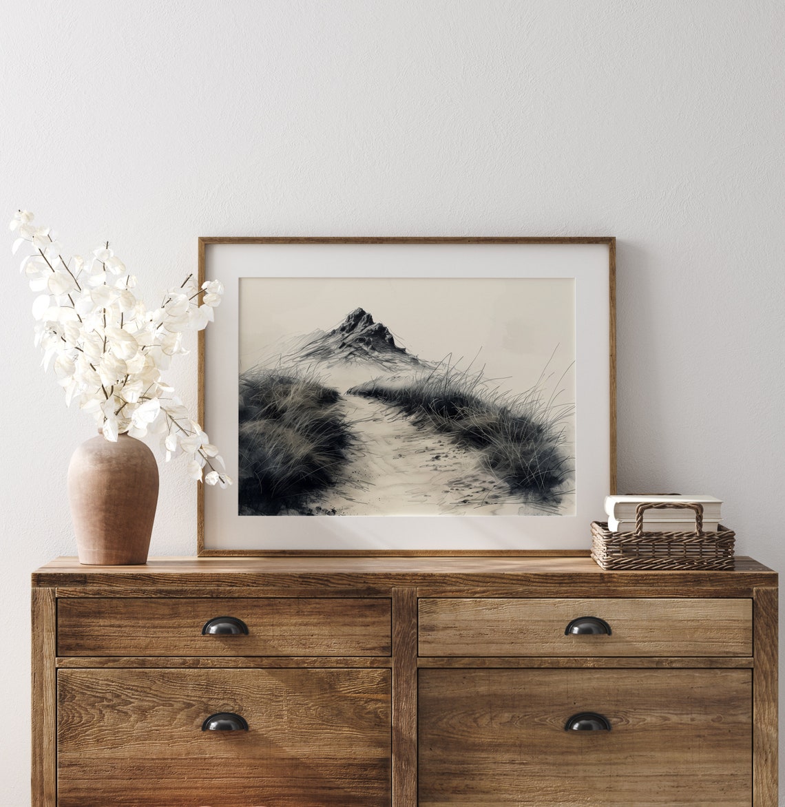 Mountain Trail Through Grasses Black Ink Wash Landscape Poster - Image 3