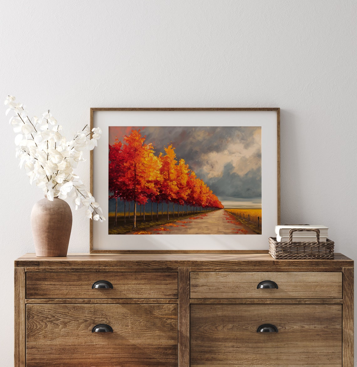 Fiery Maple Avenue Beside Dirt Road Dramatic Cloudscape Poster - Image 3