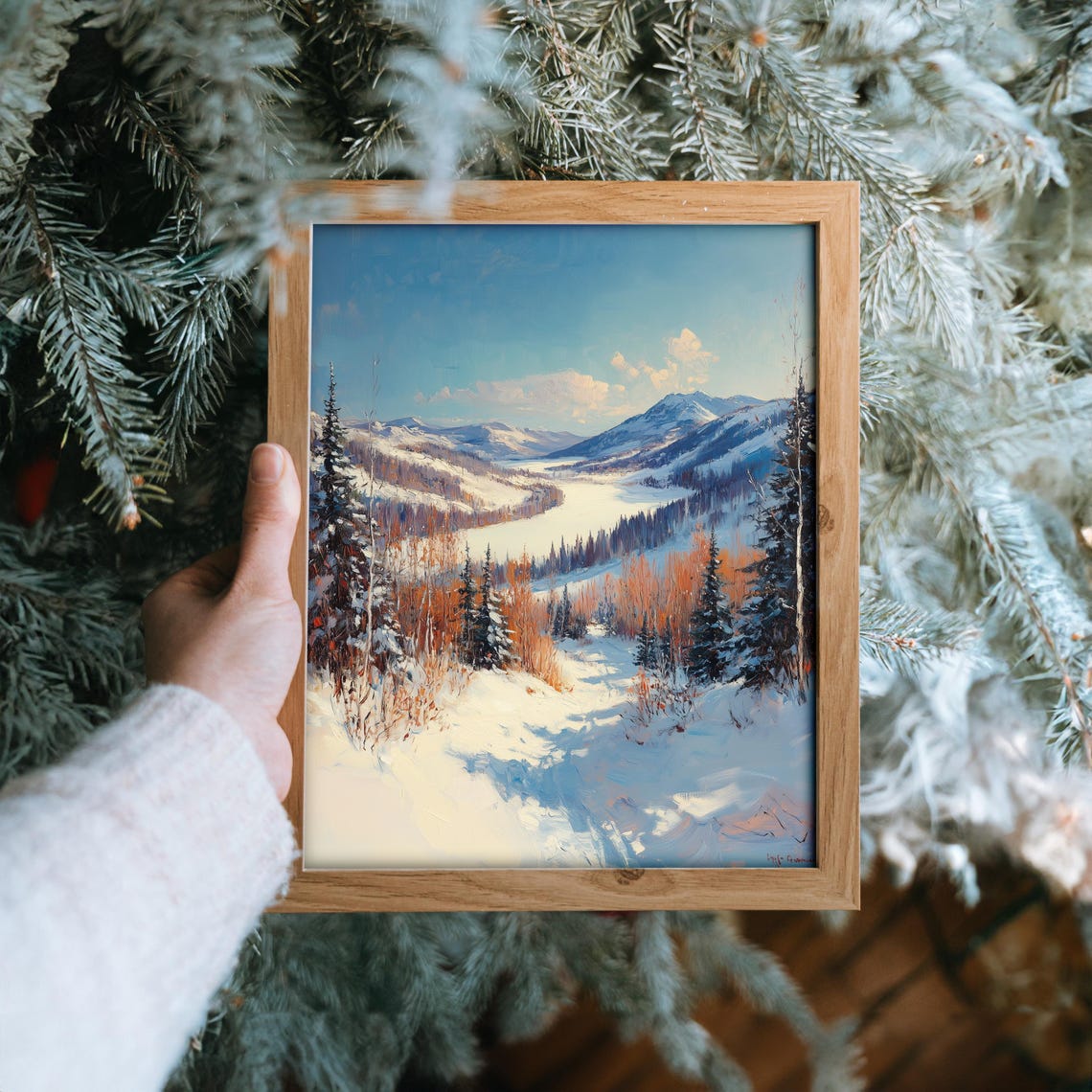 Sunny Snowy Mountain Valley with Frozen Lake and Pines Poster - Image 6