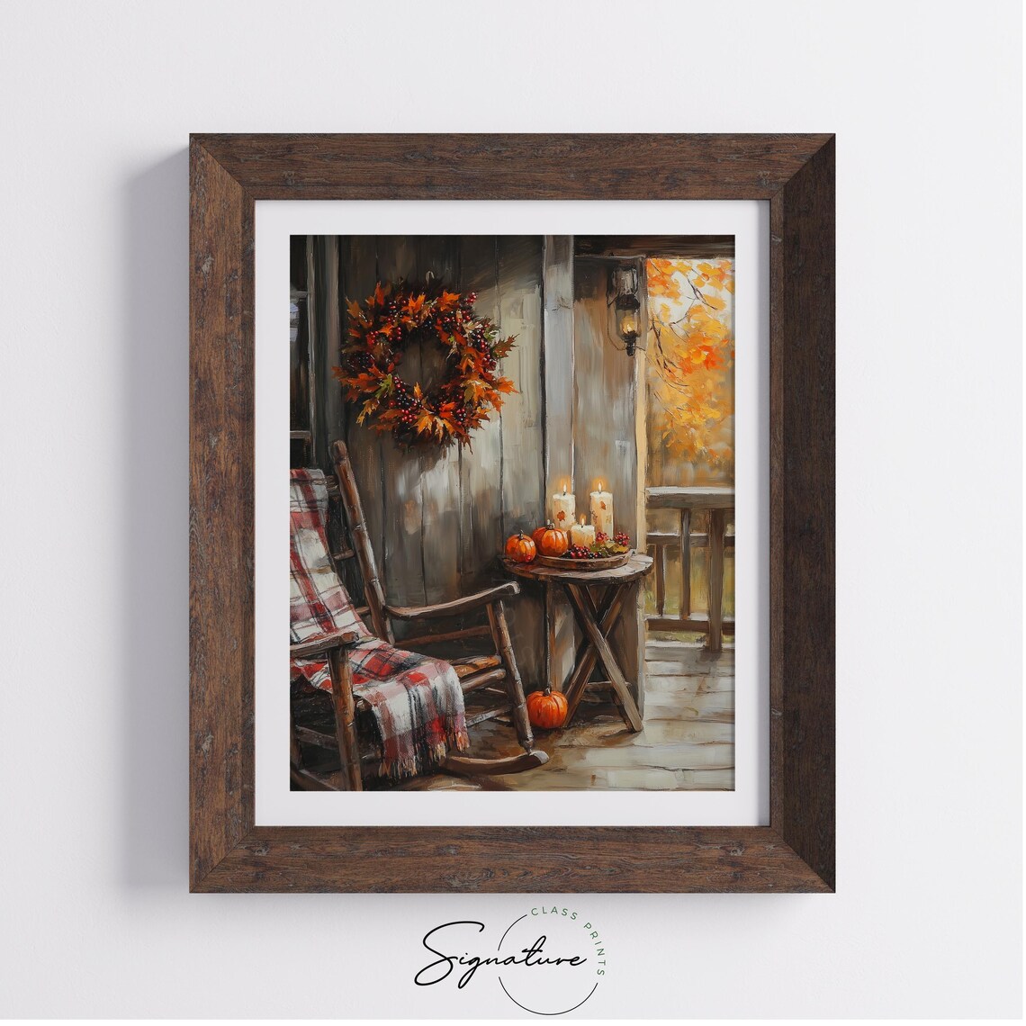 Cozy Fall Porch Rocking Chair Plaid Blanket Wreath Candles Poster - Image 4