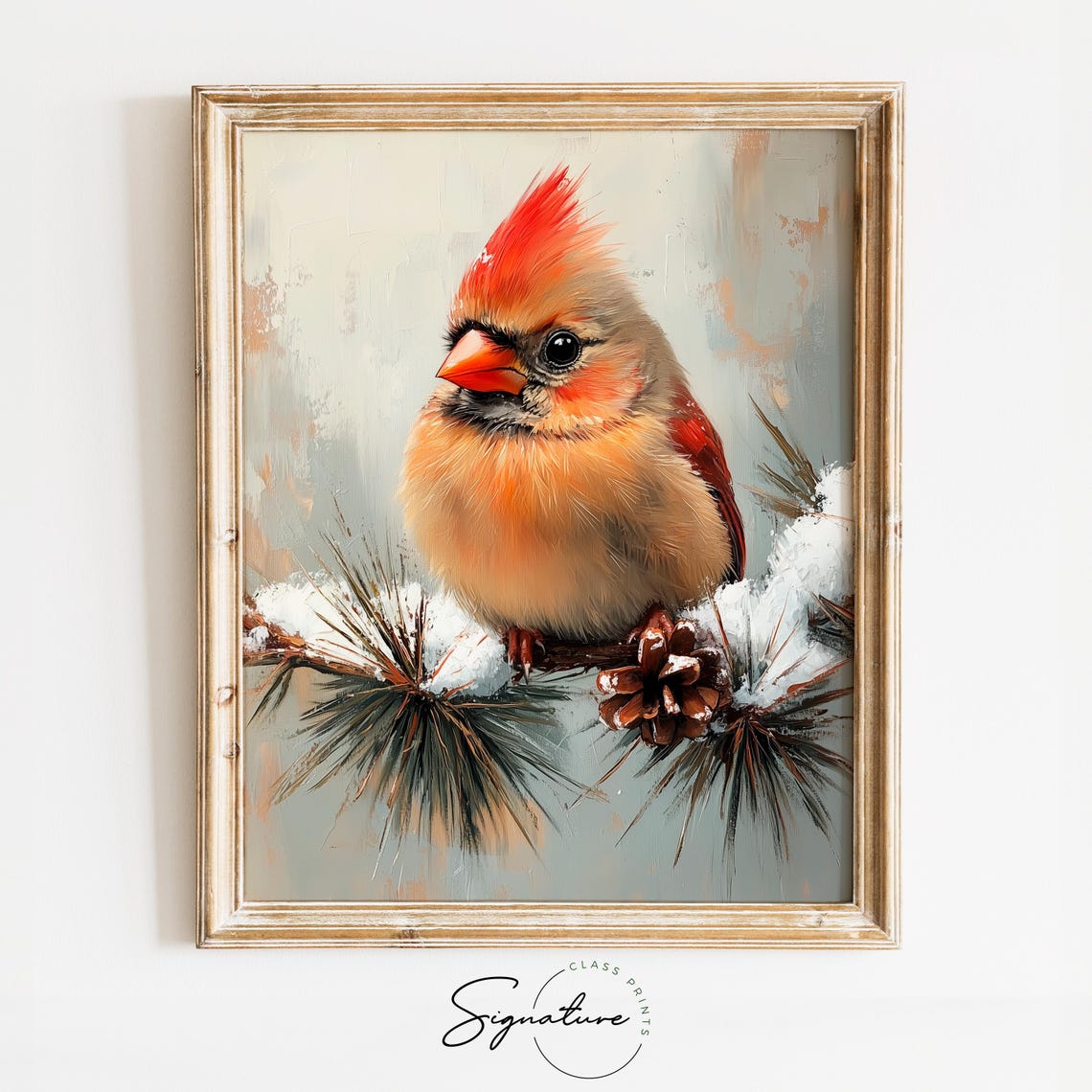 Female Cardinal Snowy Pine Branch Pinecone Winter Bird Painting Poster