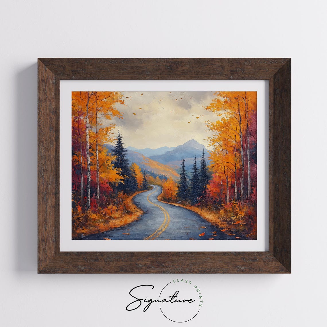 Curving Road Birch Forest Falling Leaves Mountain Oil Painting Poster - Image 5