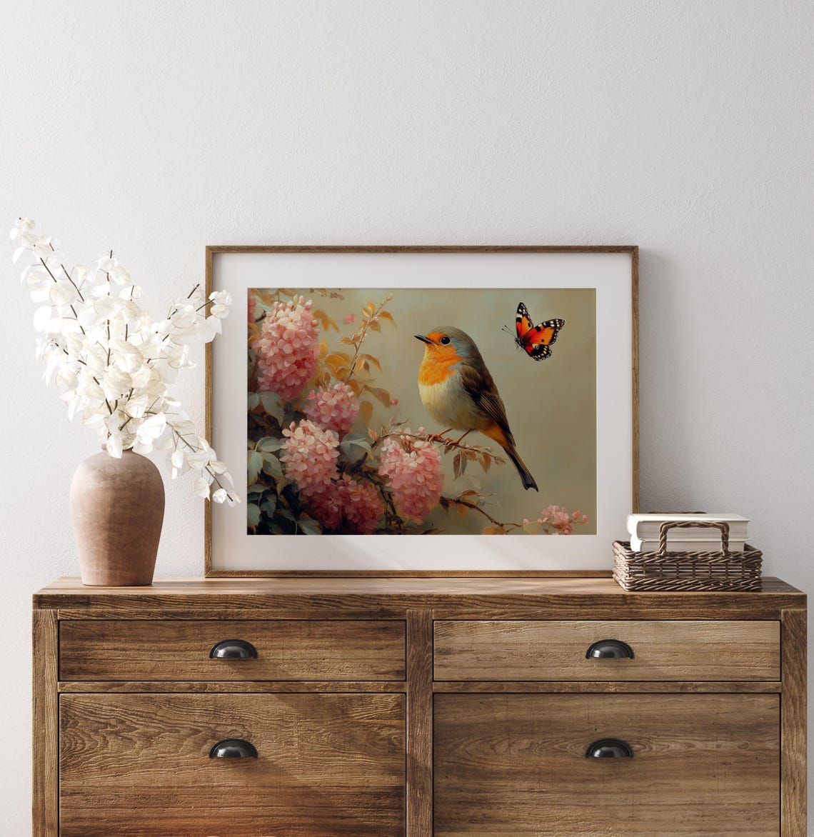 Robin On Pink Blossom Branch With Red Butterfly Charming Wall Art - Image 2