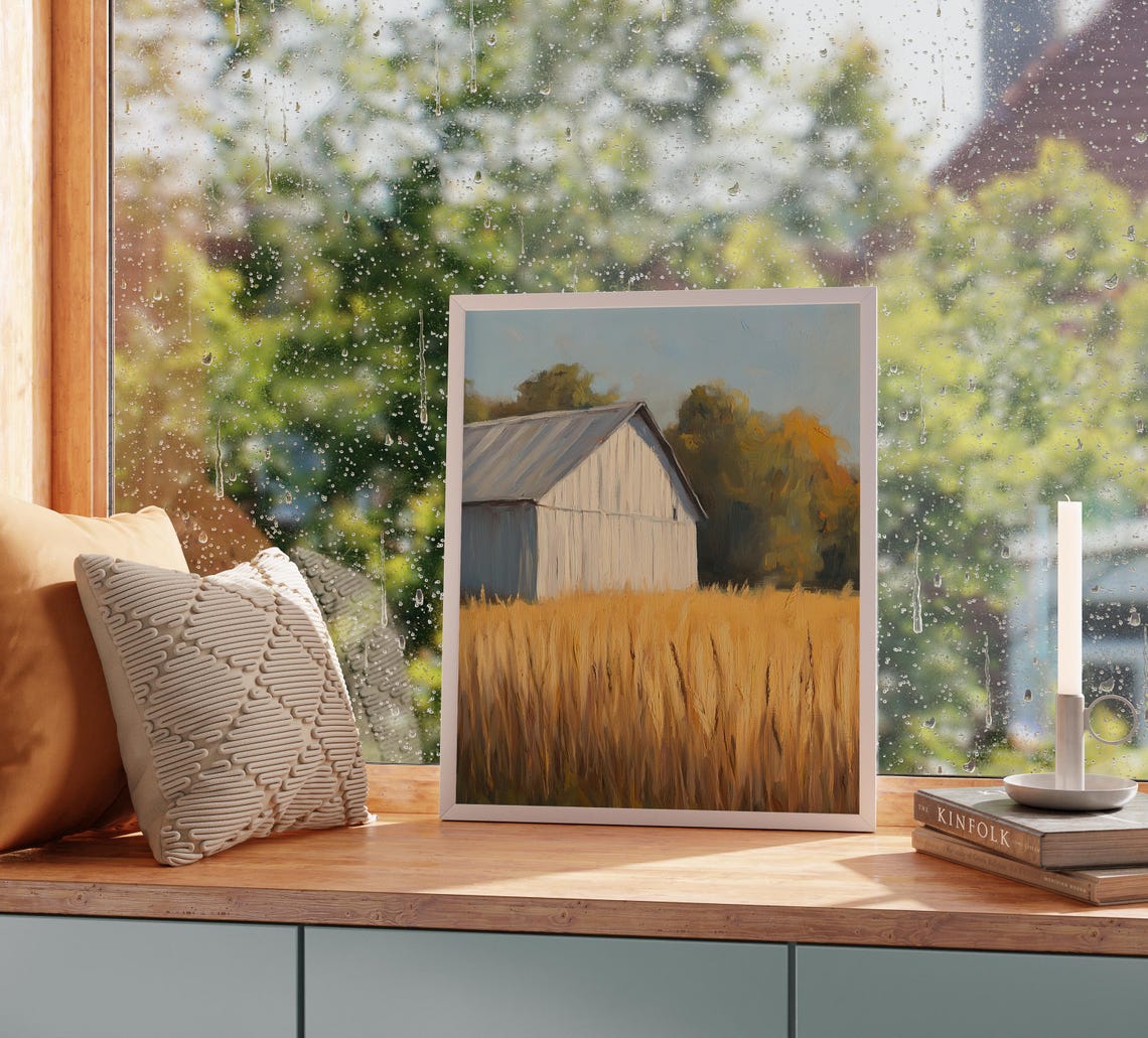 Classic White Barn Golden Wheat Field Summer Harvest Country Print - Image 2