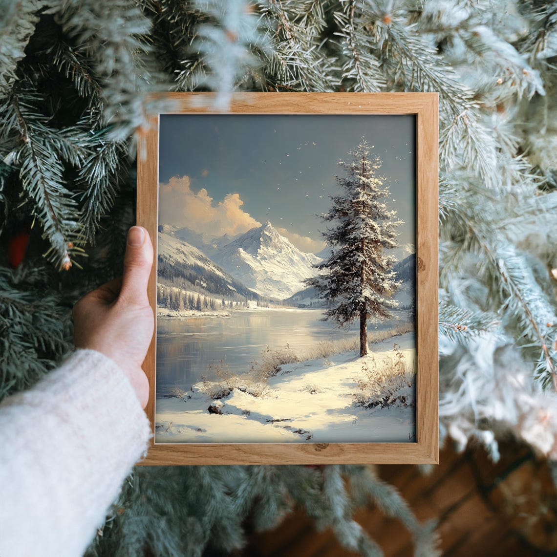 Snowy Mountain Lake With Lone Pine Tree And Peaks Winter Wall Art - Image 6