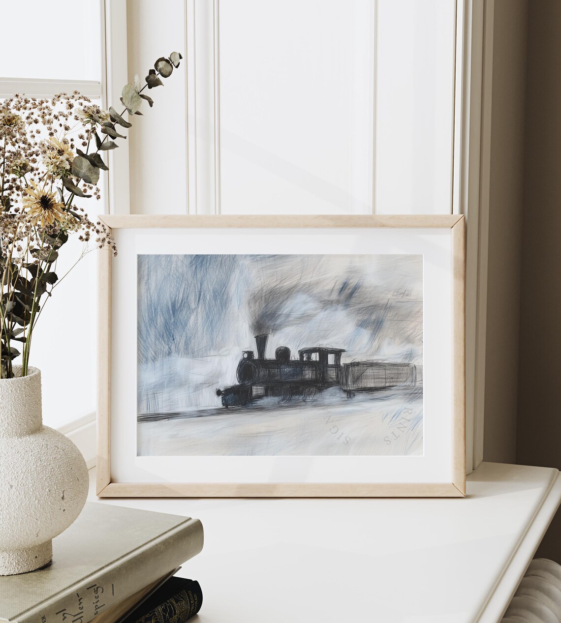 Steam Locomotive Crossing Snowy Landscape In Sketch Style Poster - Image 6