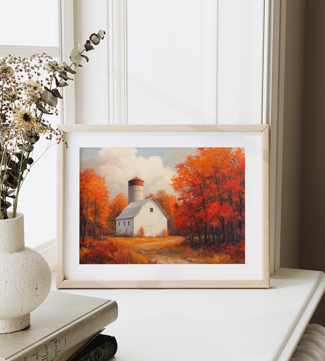 White Barn Silo Autumn Forest Fall Colors Oil Painting Poster - Image 6