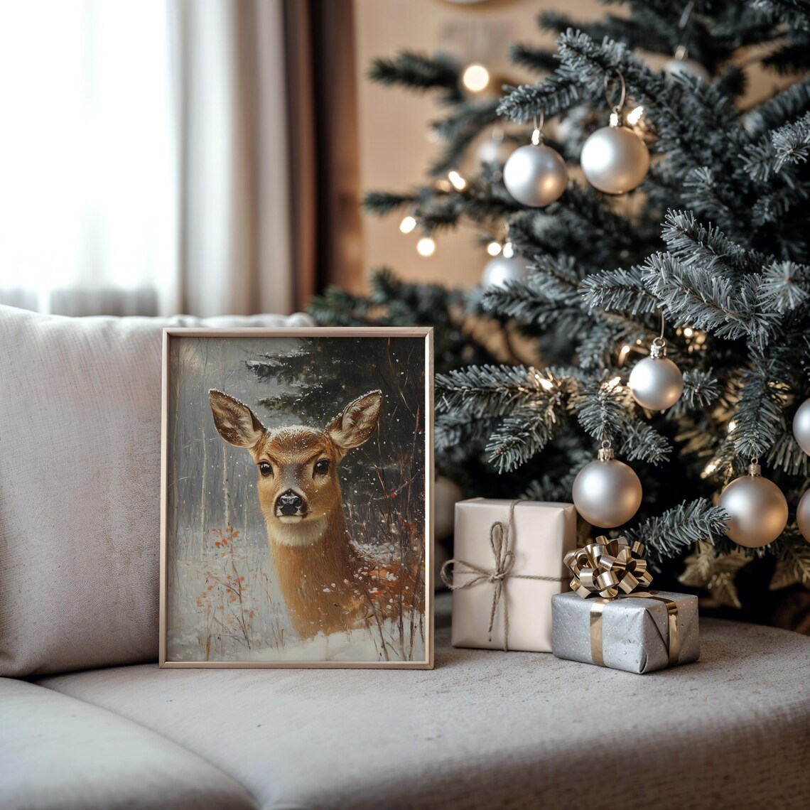 Doe Portrait in Snowy Forest Winter Wildlife Oil Painting Print - Image 5