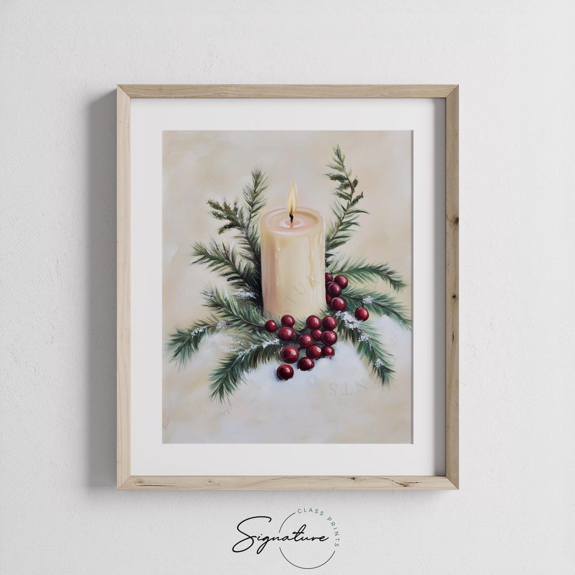 Lit Holiday Candle With Pine And Red Berries On Fresh Snow Poster - Image 3