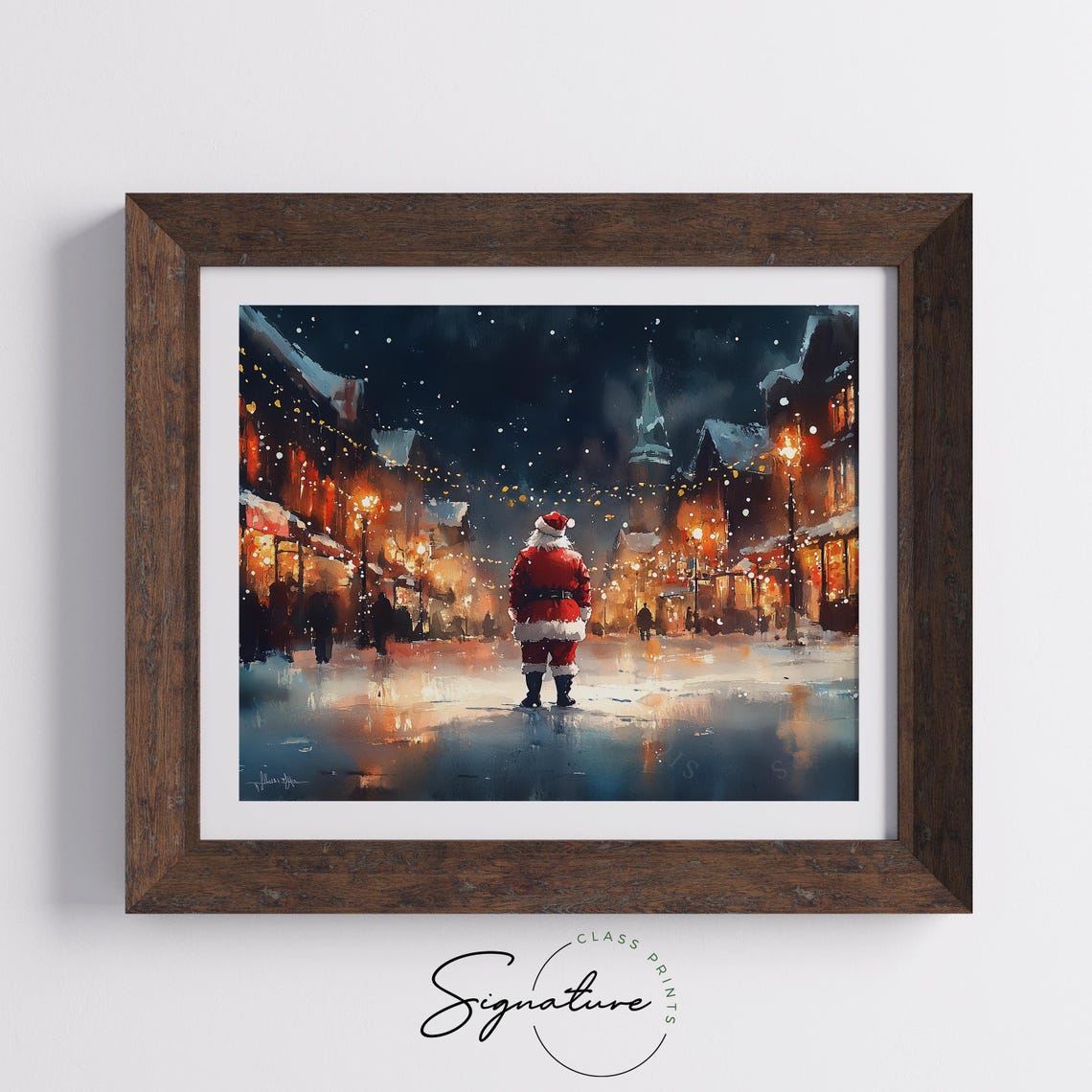 Santa Walking Down Festive Lit Street Night Church Steeple Poster - Image 5