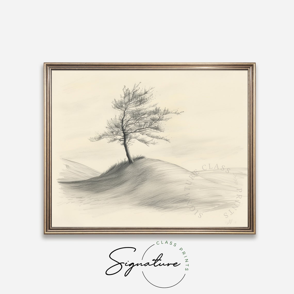 Solitary Tree Rolling Hillside Delicate Pencil Sketch Poster - Image 4