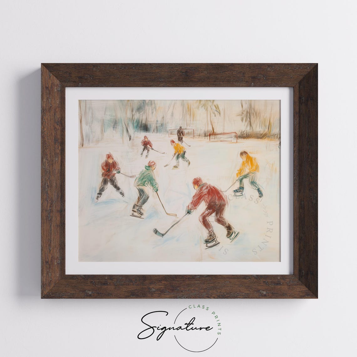 Children Playing Ice Hockey On A Frozen Winter Pond Scene Poster - Image 5