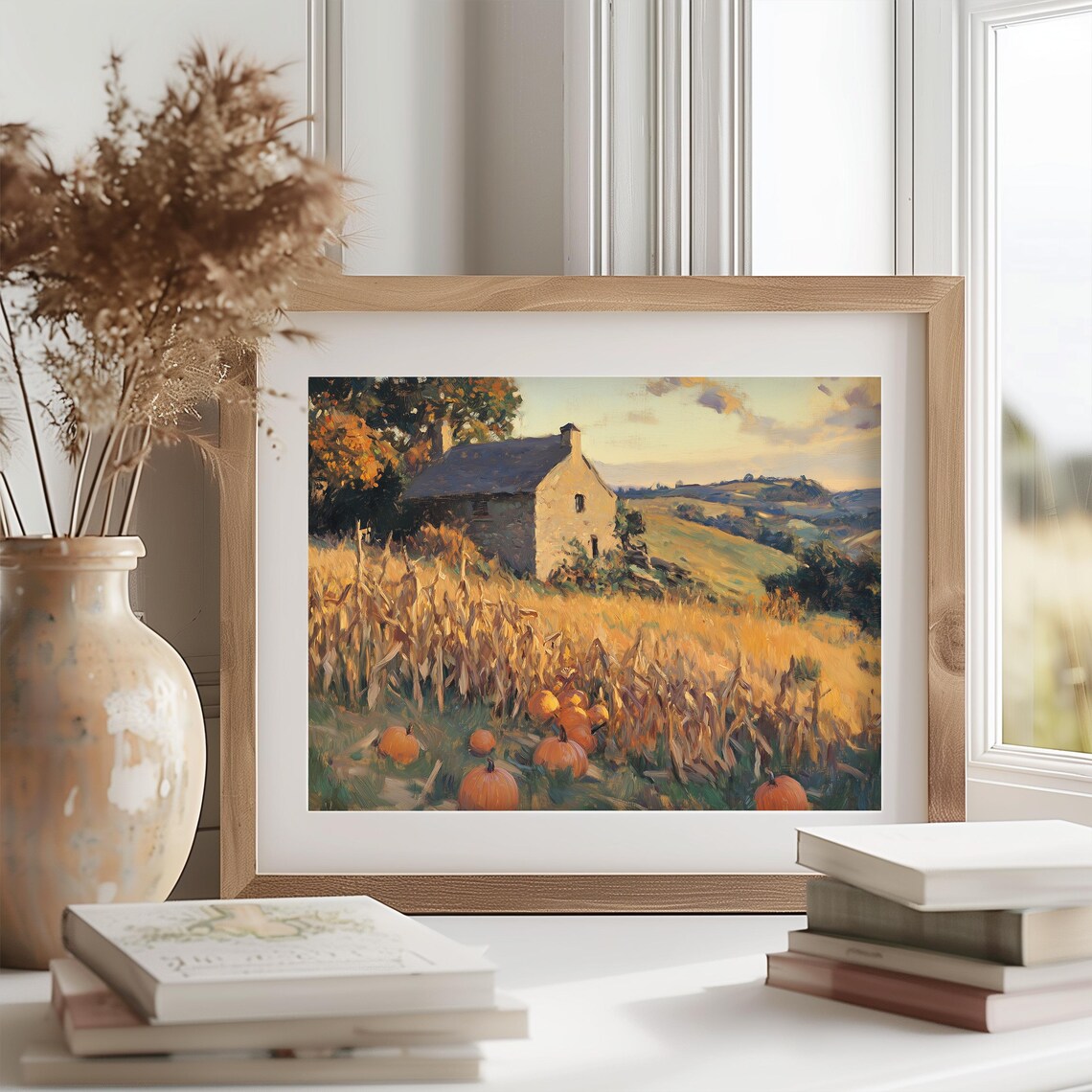 Stone Cottage With Pumpkins Resting in a Golden Cornfield Sunset Poster - Image 2