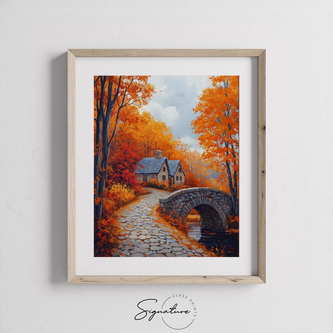 Cobblestone Village Path, Rustic Autumn Landscape Art Print - Image 3