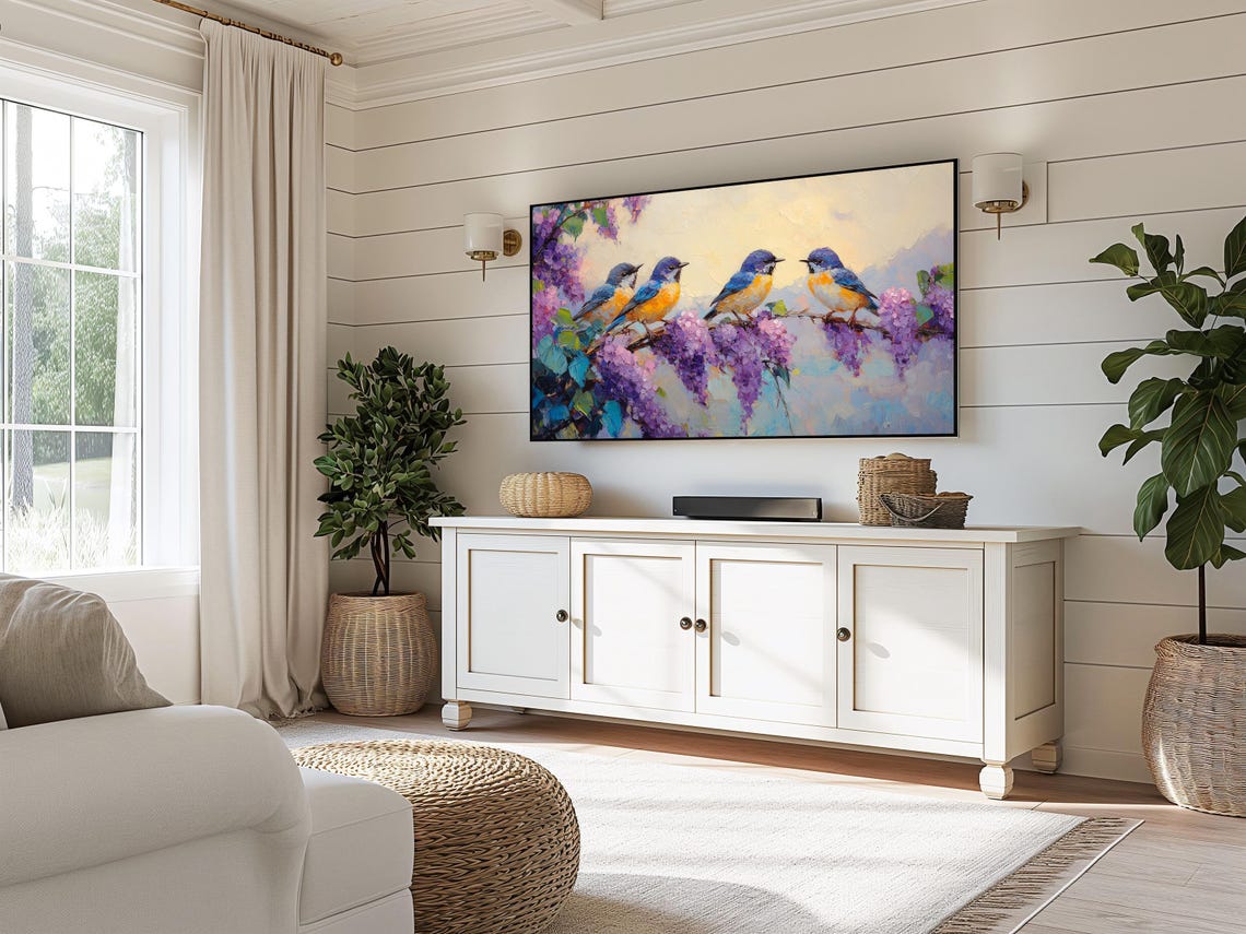 Four Blue Orange Songbirds On Purple Lilac Branch Impasto Poster - Image 3