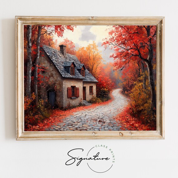 Stone Cottage With Red Shutters On Leaf Strewn Cobblestone Lane Poster