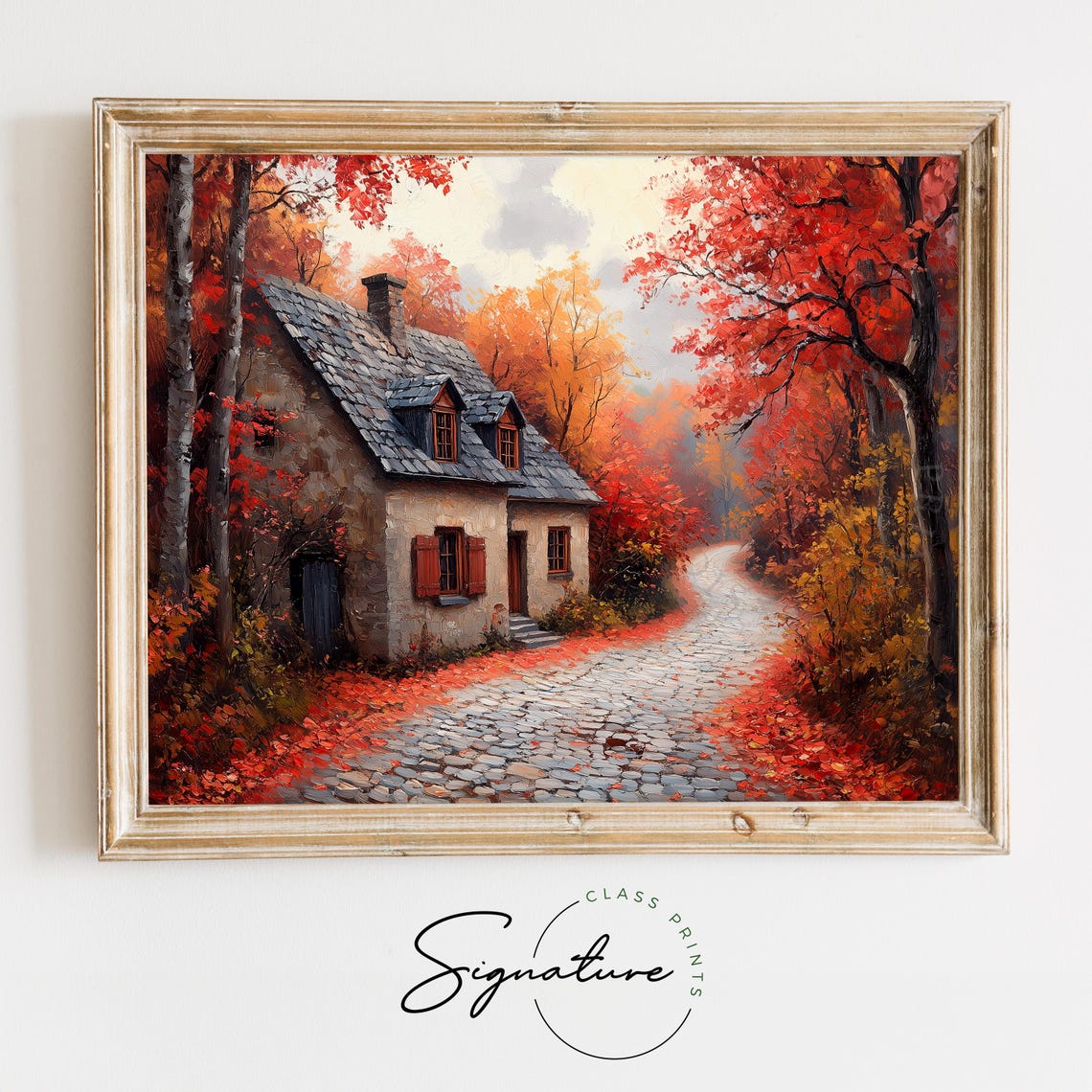 Stone Cottage With Red Shutters On Leaf Strewn Cobblestone Lane Poster
