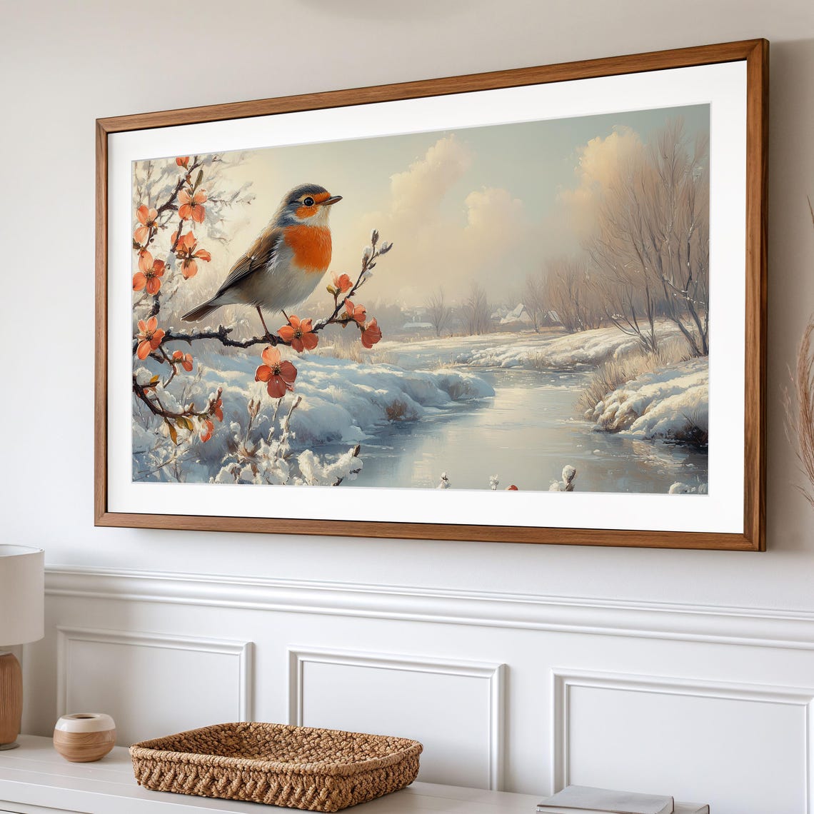 Robin On Snowy Blossom Branch Over Frozen Winter River Poster - Image 2
