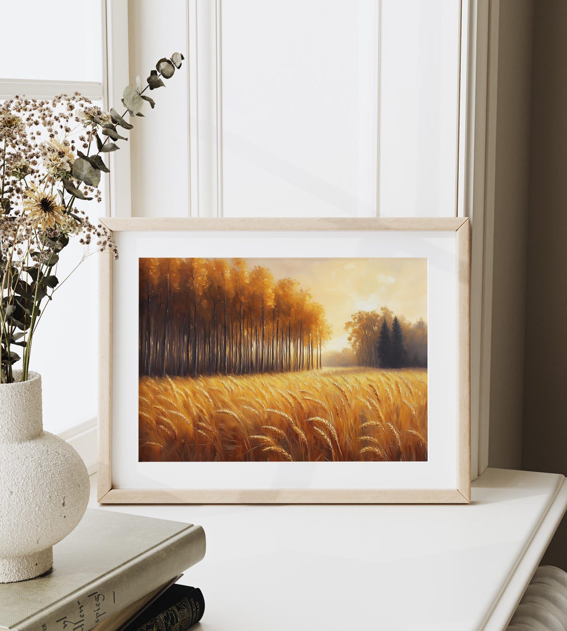 Golden Wheat Field at Sunrise Bordered by Autumn Forest Poster - Image 6