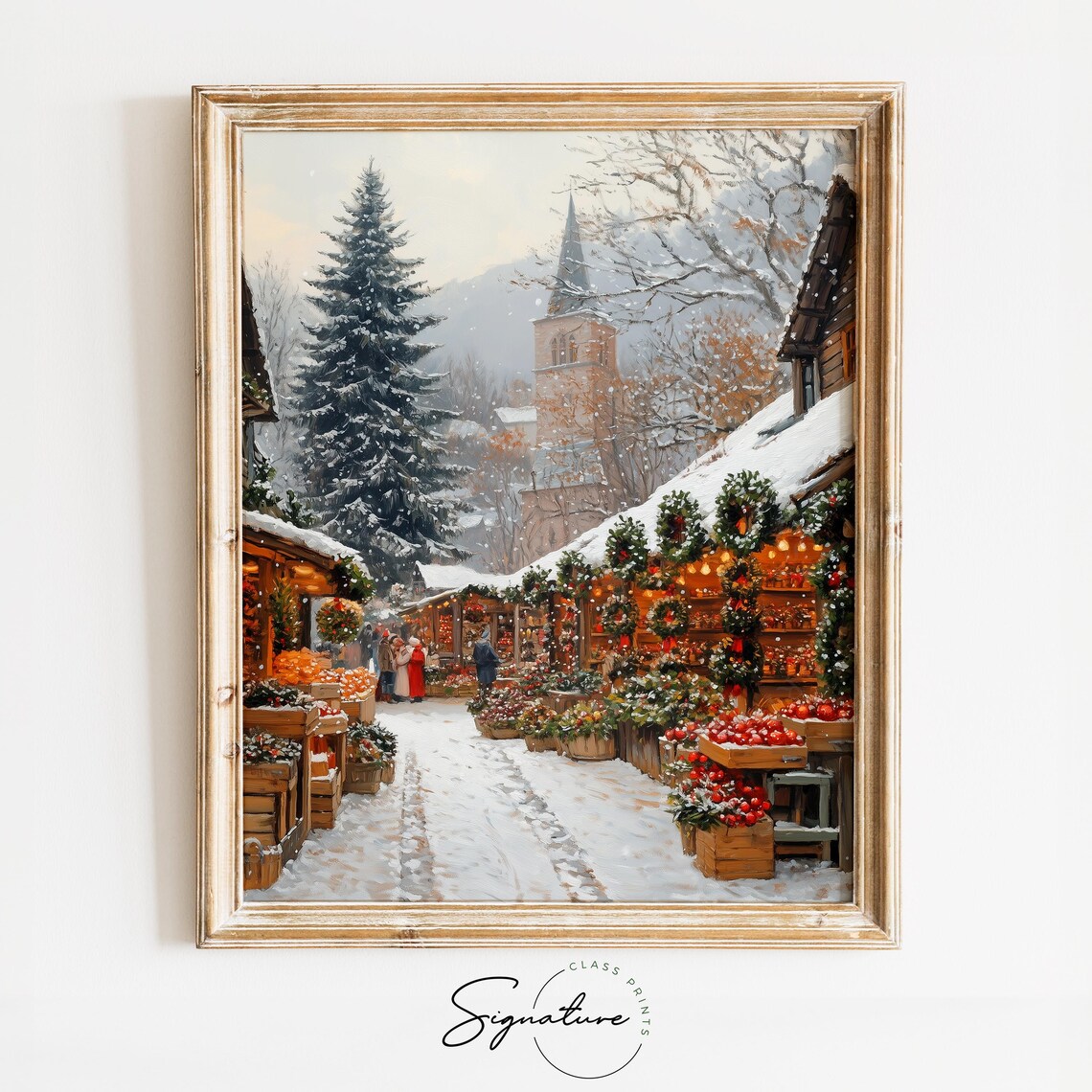 Snowy Christmas Market Street with Wreaths Church and Tree Poster